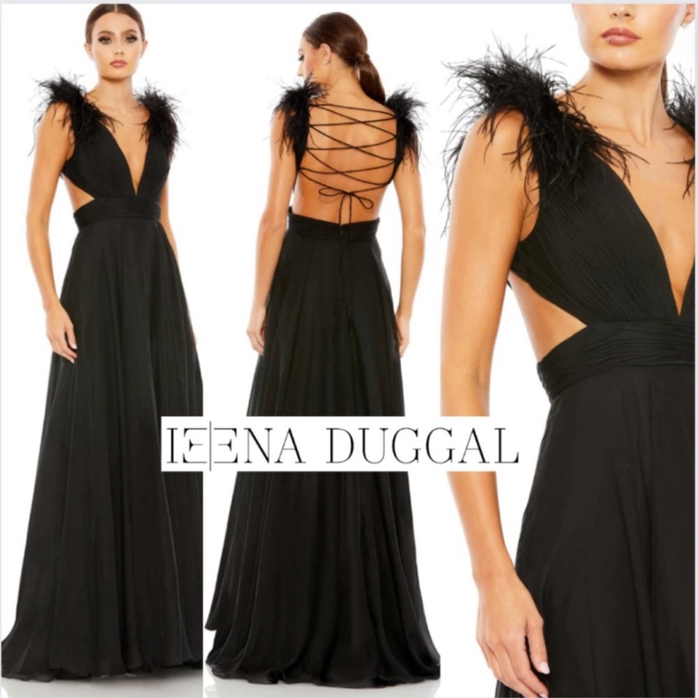 MAC DUGGAL PLUNGE OSTRICH FEATHER A LINE GOWN